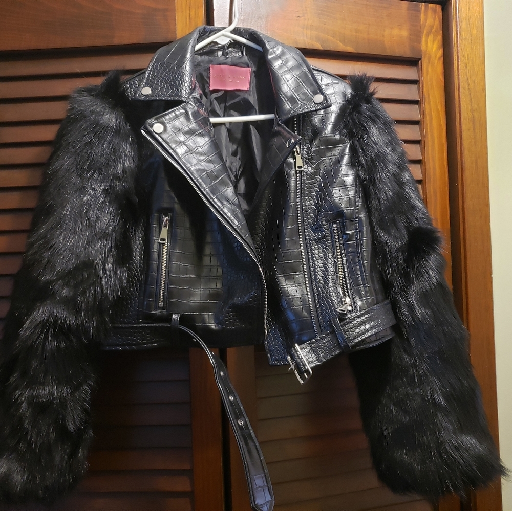 COPY - Akira Azalea Wang GREEN or BLACK Nolla Faux Fur Arms Croc Moto Jacket